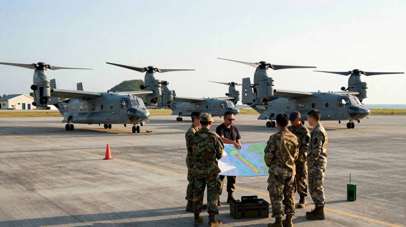Militares reunidos em tarmac com dois aviões de transporte militar V-22 Osprey ao fundo.