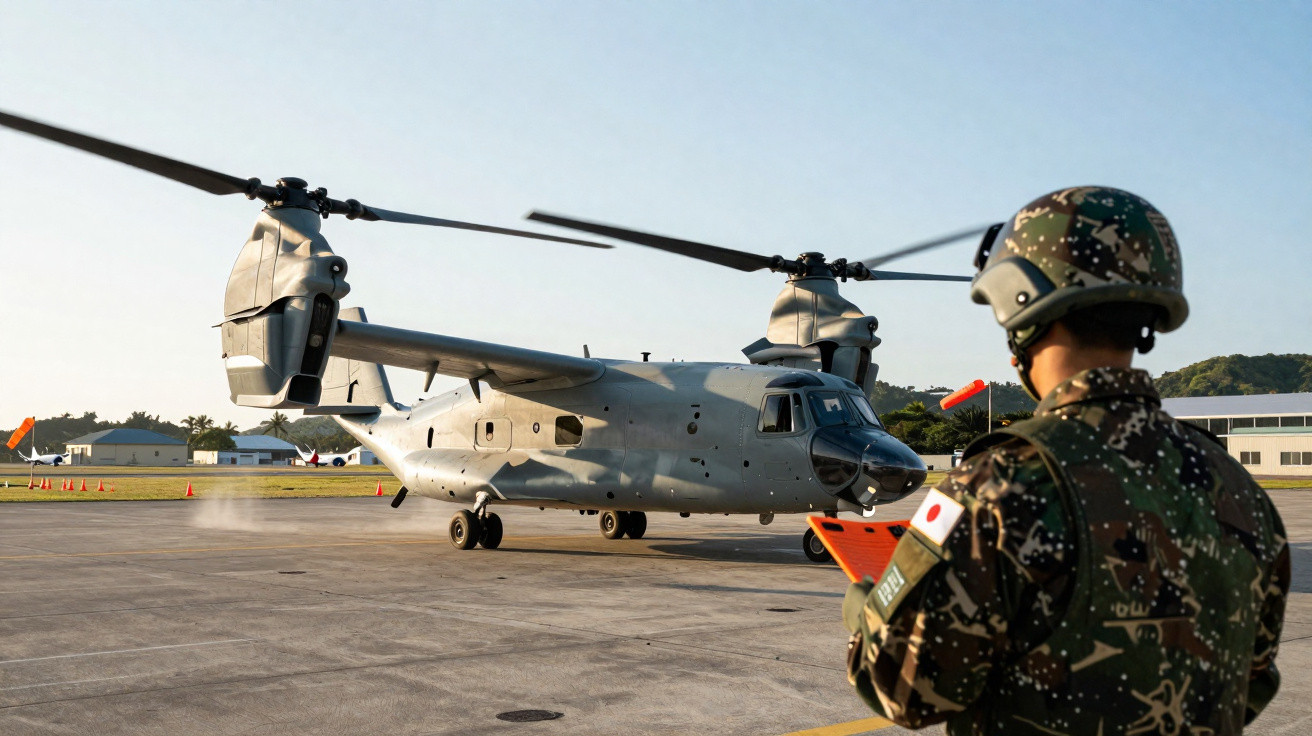 Soldado em uniforme militar observa helicóptero de transporte Chinook num aeroporto militar ao entardecer.