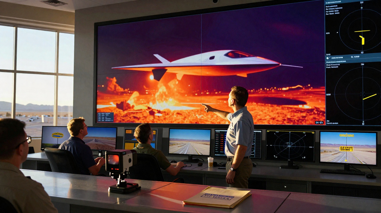Sala de controlo com homens a analisar um drone num ecrã gigante e vários monitores de dados técnicos.