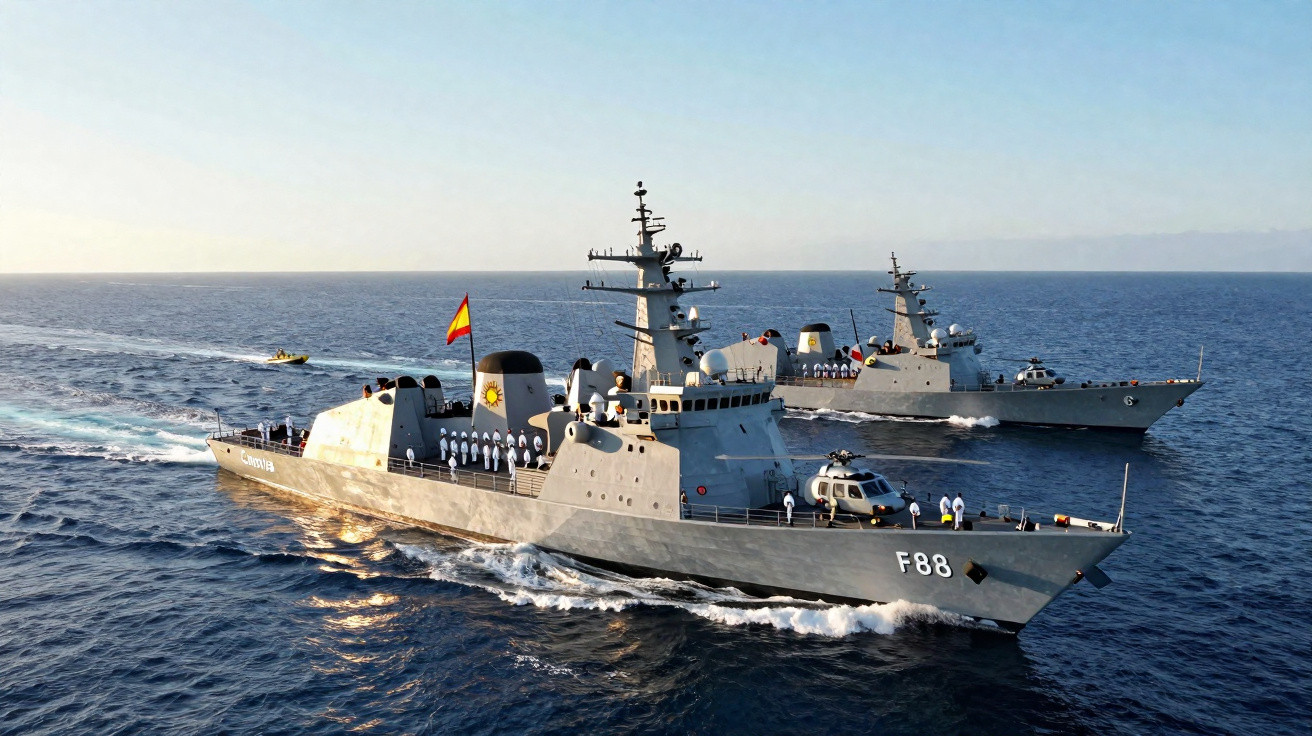 Dois navios militares espanhóis a navegar no mar, com o nome "Canarias" visível no navio da frente.