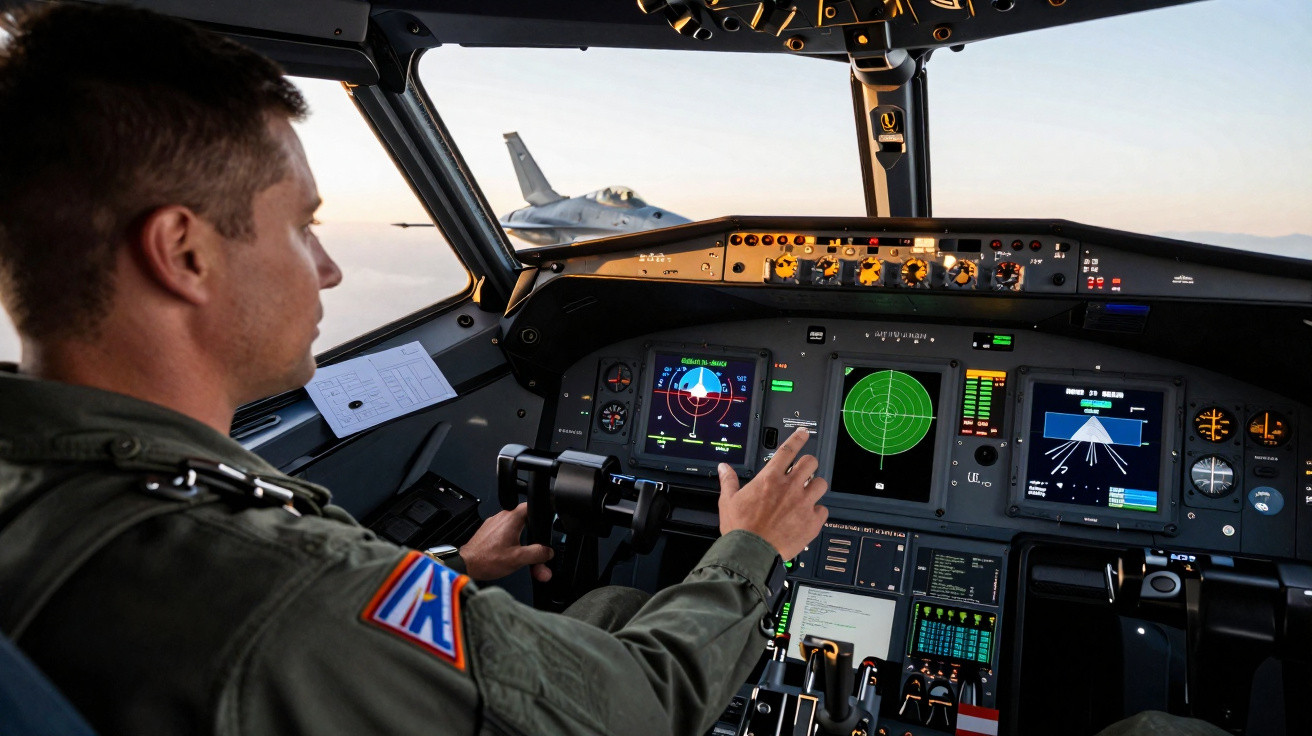 Piloto militar na cabine de avião com ecrãs de controlo, voando próximo a três jatos militares no céu.