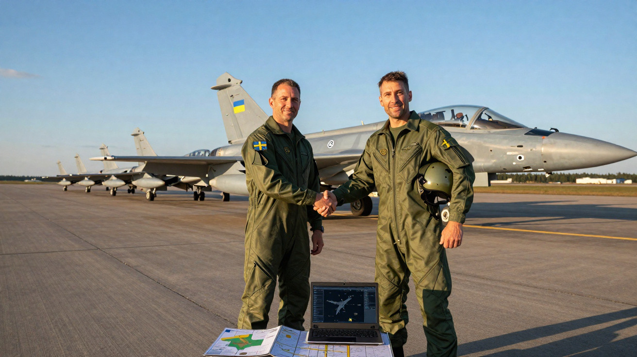 Dois pilotos militares em uniforme, cumprimentam-se em pista com caças e mapas ao fundo.