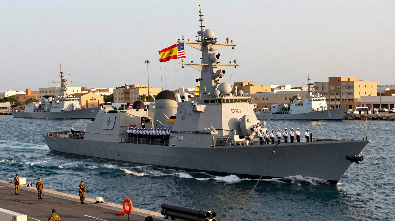 Navio de guerra cinzento americano com tripulação em formação navegando perto de cais movimentado.