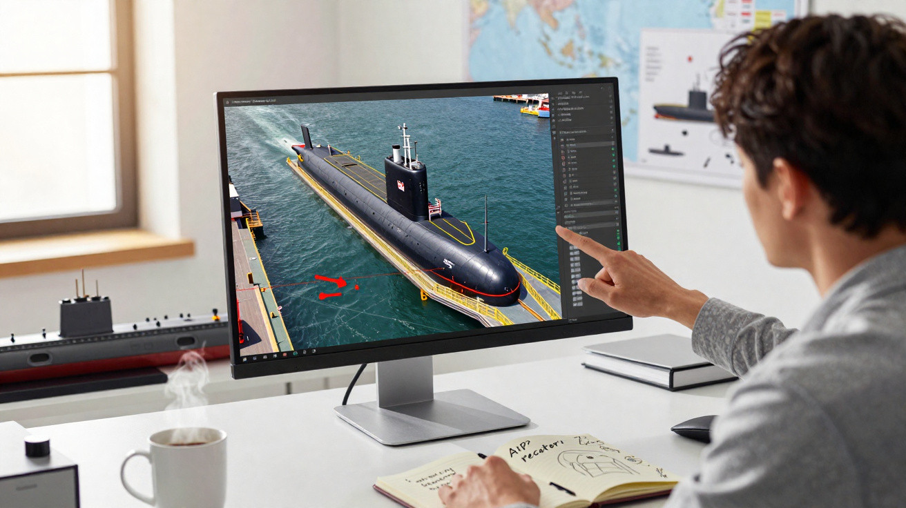 Duas pessoas analisam modelo 3D de submarino num ecrã de computador num escritório.