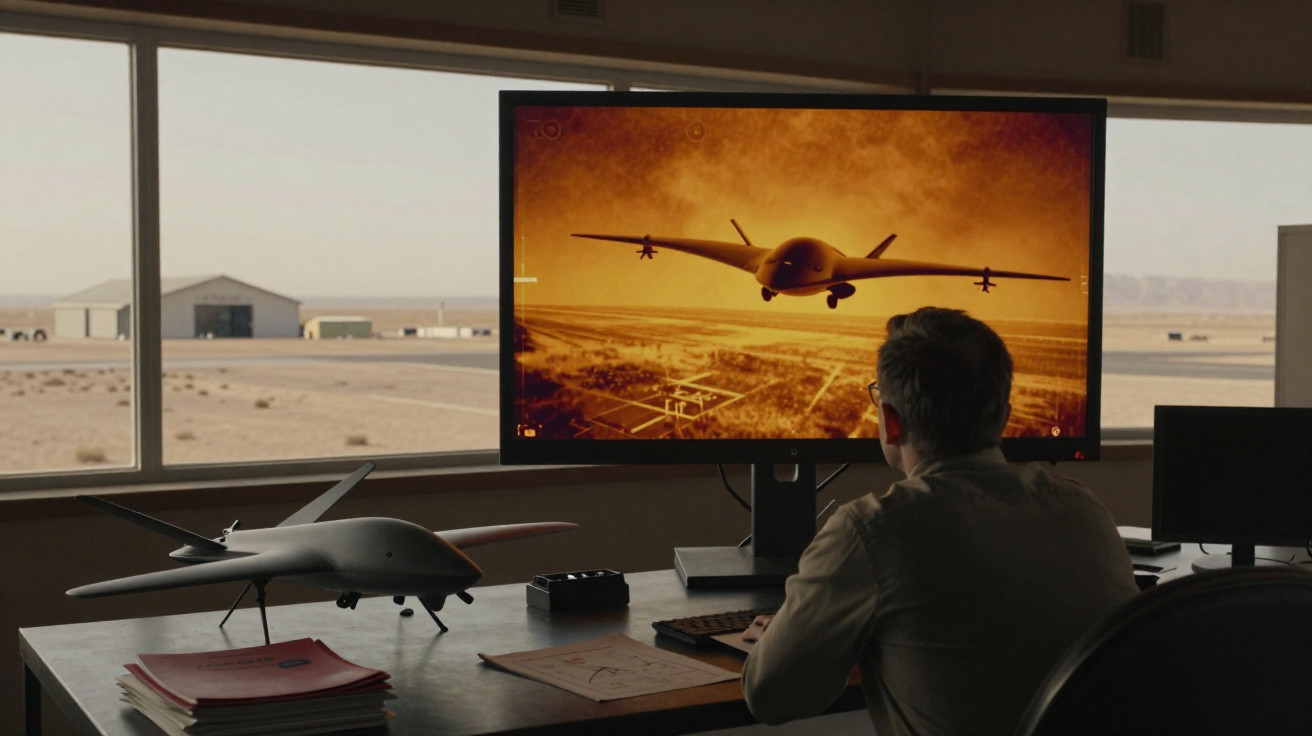 Homem observa imagem de drone num ecrã grande numa sala com janela para deserto e modelo de drone na secretária.