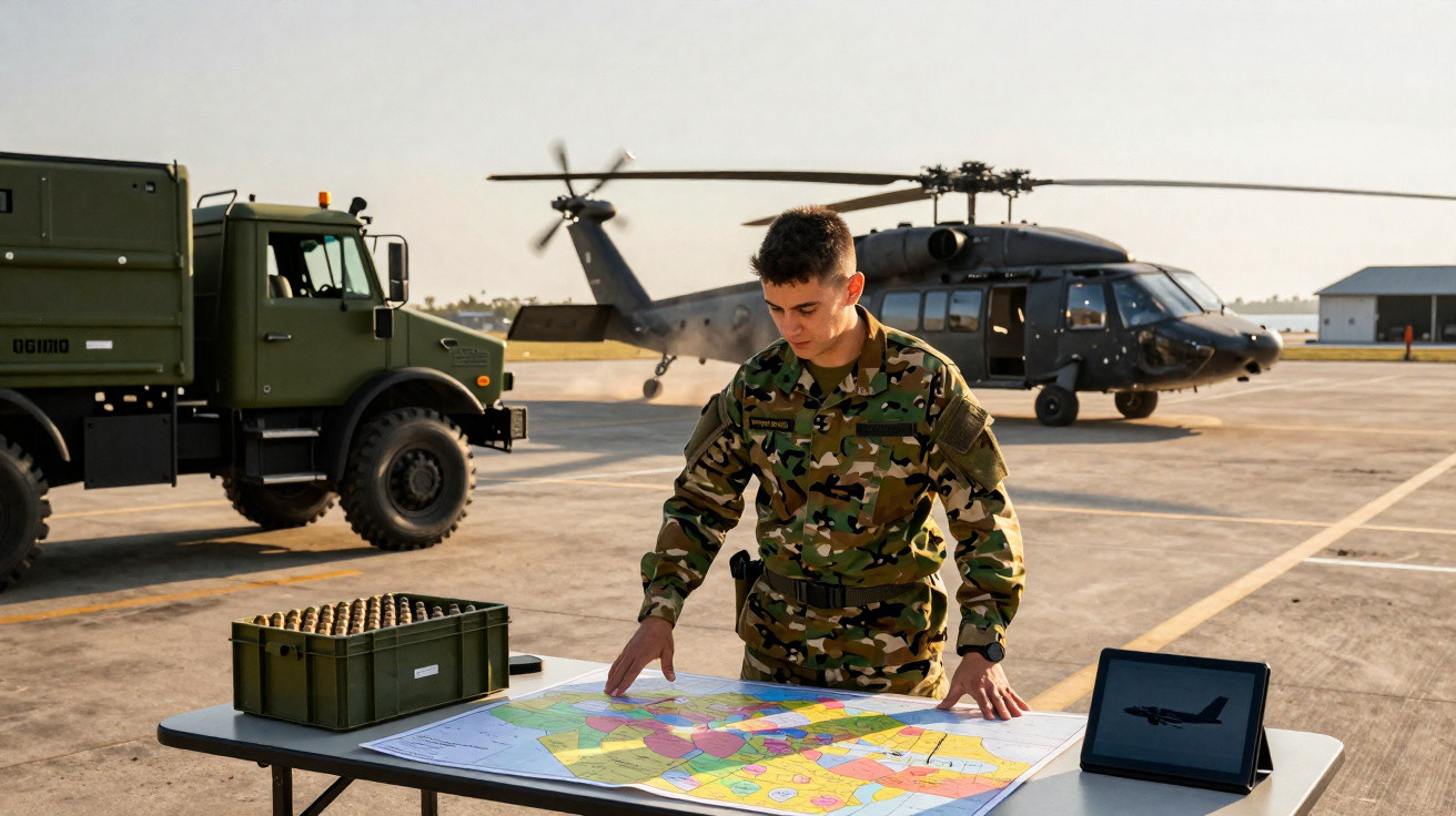 Militar em fardamento camuflado a analisar mapas numa mesa ao ar livre com helicóptero e camião militar ao fundo.