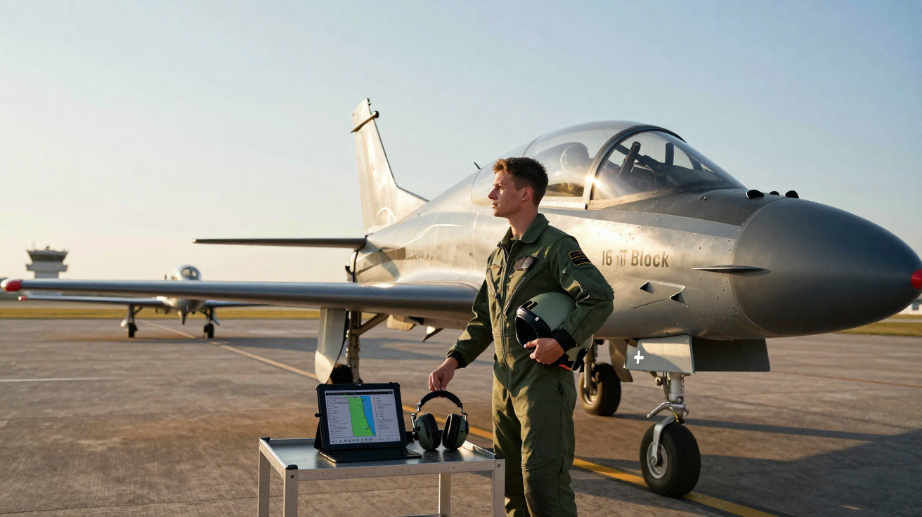 Piloto militar em fato de voo verde perto de jato cinzento num aeroporto, com tablet e auscultadores numa mesa.