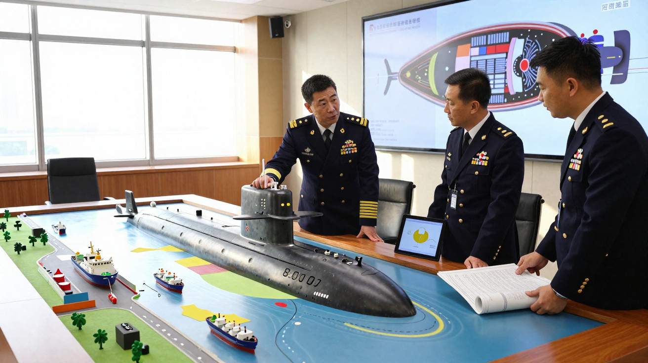 Três militares em uniforme analisam modelo de submarino numa mesa com mapas e telas digitais.