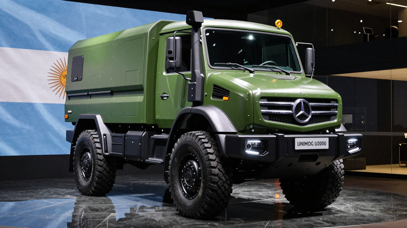 Camião militar verde Unimog U3000 da Mercedes-Benz em exposição com sinal Argentino ao fundo.