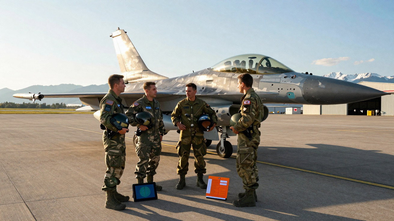 Três pilotos militares em uniforme conversam ao lado de um caça F-16 numa pista de aeroporto com montanhas ao fundo.