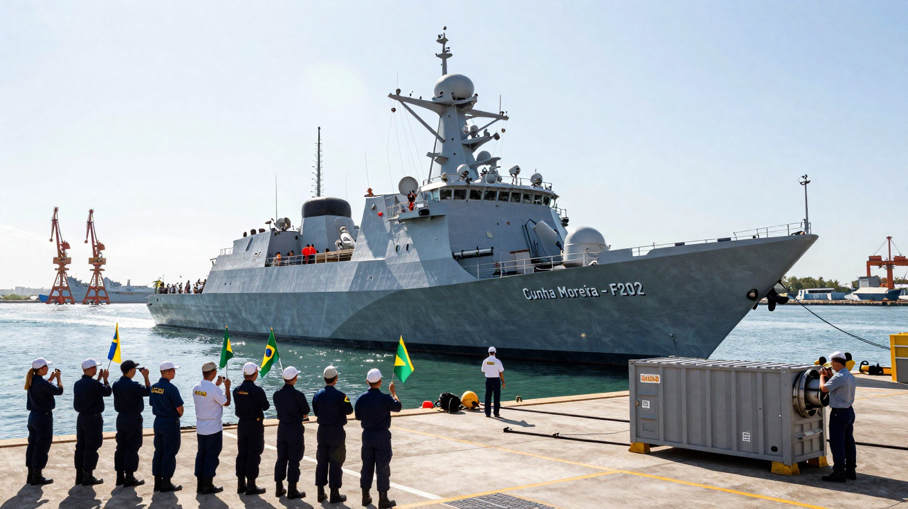Navio militar Cunha Moreira F202 ancorado no porto com tripulação na doca a saudá-lo.