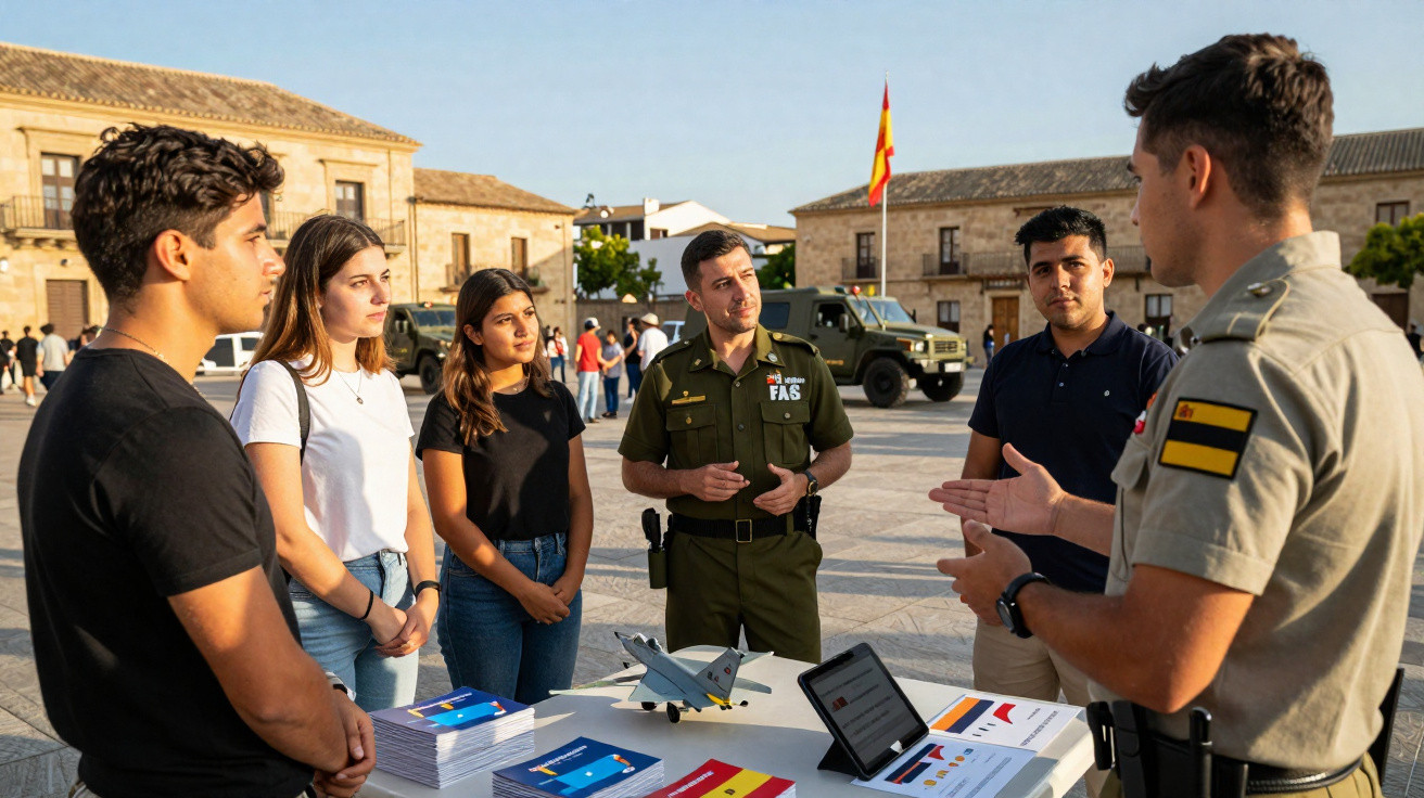 Dois militares explicam informação a grupo de jovens em espaço ao ar livre com veículo militar ao fundo.