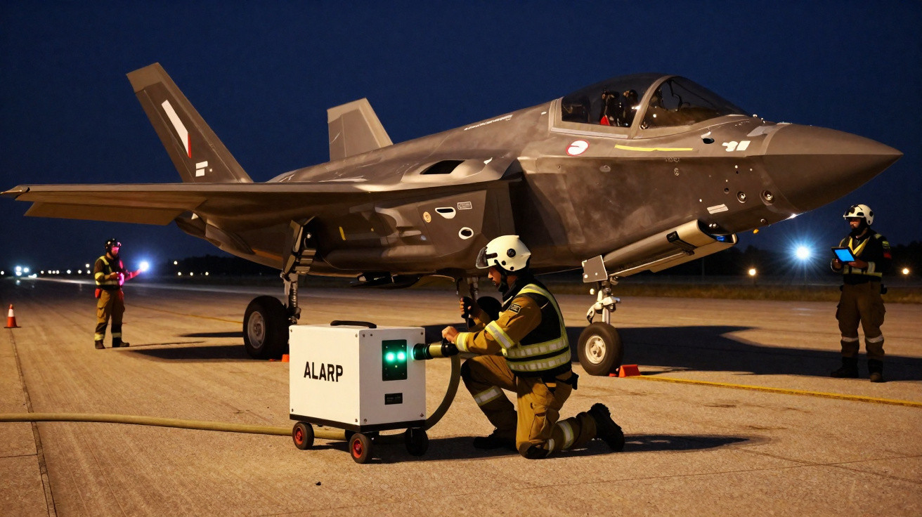Caça F-35 estacionado à noite com dois técnicos em uniforme a realizar manutenção.