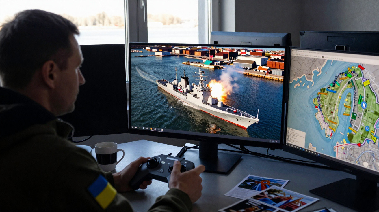 Pessoa a controlar um jogo de simulador naval com dois ecrãs, um mostrando o navio e o outro um mapa estratégico.