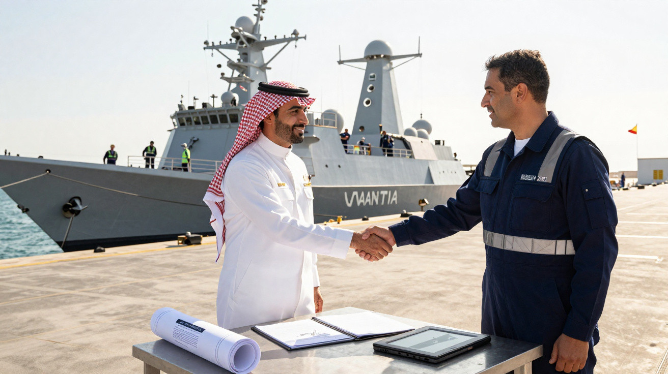 Três homens em uniforme cumprimentam-se junto a um cais com um navio militar ao fundo.