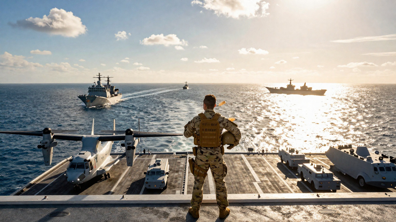 Soldado de farda militar em convés naval com avião e veículos blindados, observando três navios no mar ao pôr do sol.