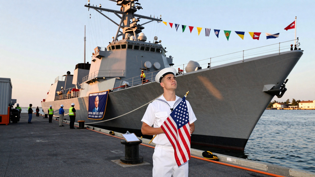 Marinheiro dos EUA em uniforme segurando bandeira americana em cais com navio militar ao fundo.