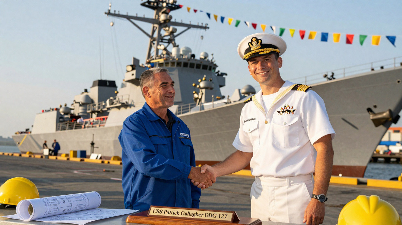Dois marinheiros apertam as mãos no cais junto ao navio USS Patrick Gallagher DDG 127 ao pôr do sol.