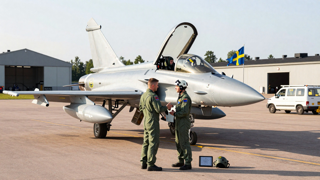 Dois pilotos militares conversam junto a avião de caça estacionado num aeródromo durante o dia.