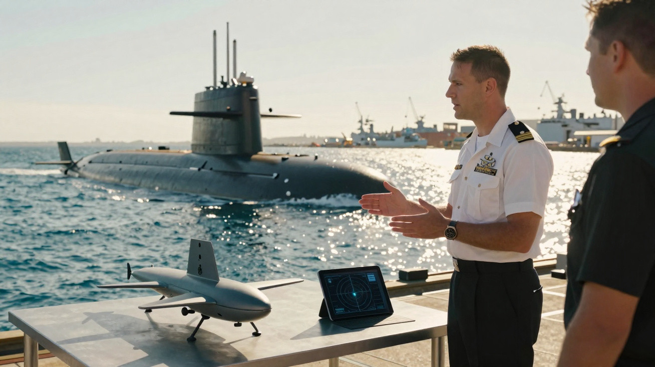 Oficial da marinha explica tecnologia naval com submarino e drone à beira-mar ao pôr do sol.