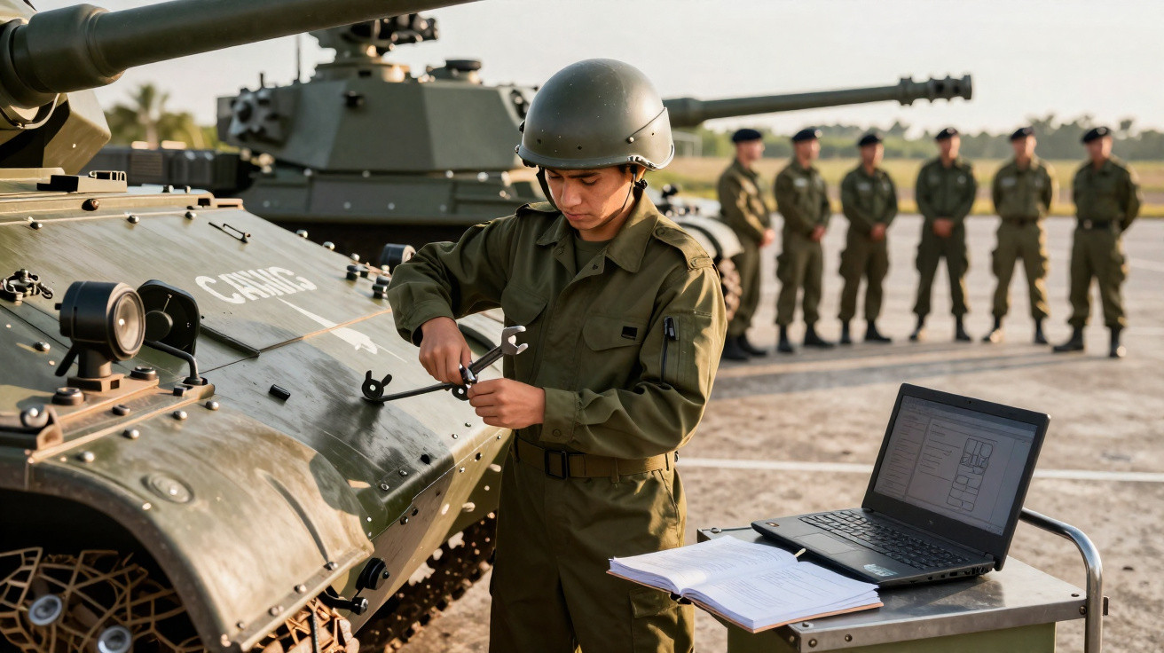 Soldado a reparar blindado militar com manual e computador portátil, enquanto outros quatro observam ao fundo.