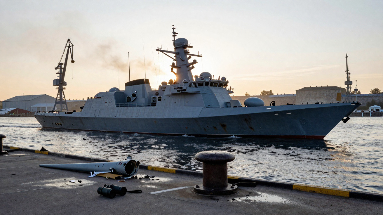 Navio militar cinzento ancorado numa doca ao pôr do sol com modelo de drone no cais à frente.