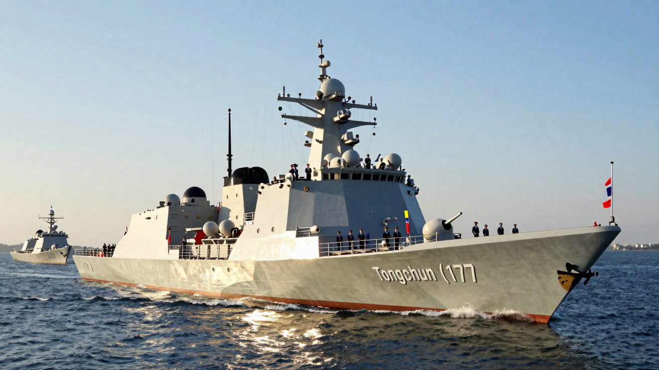 Navio de guerra cinzento com o número 177 navegando no mar sob céu limpo.