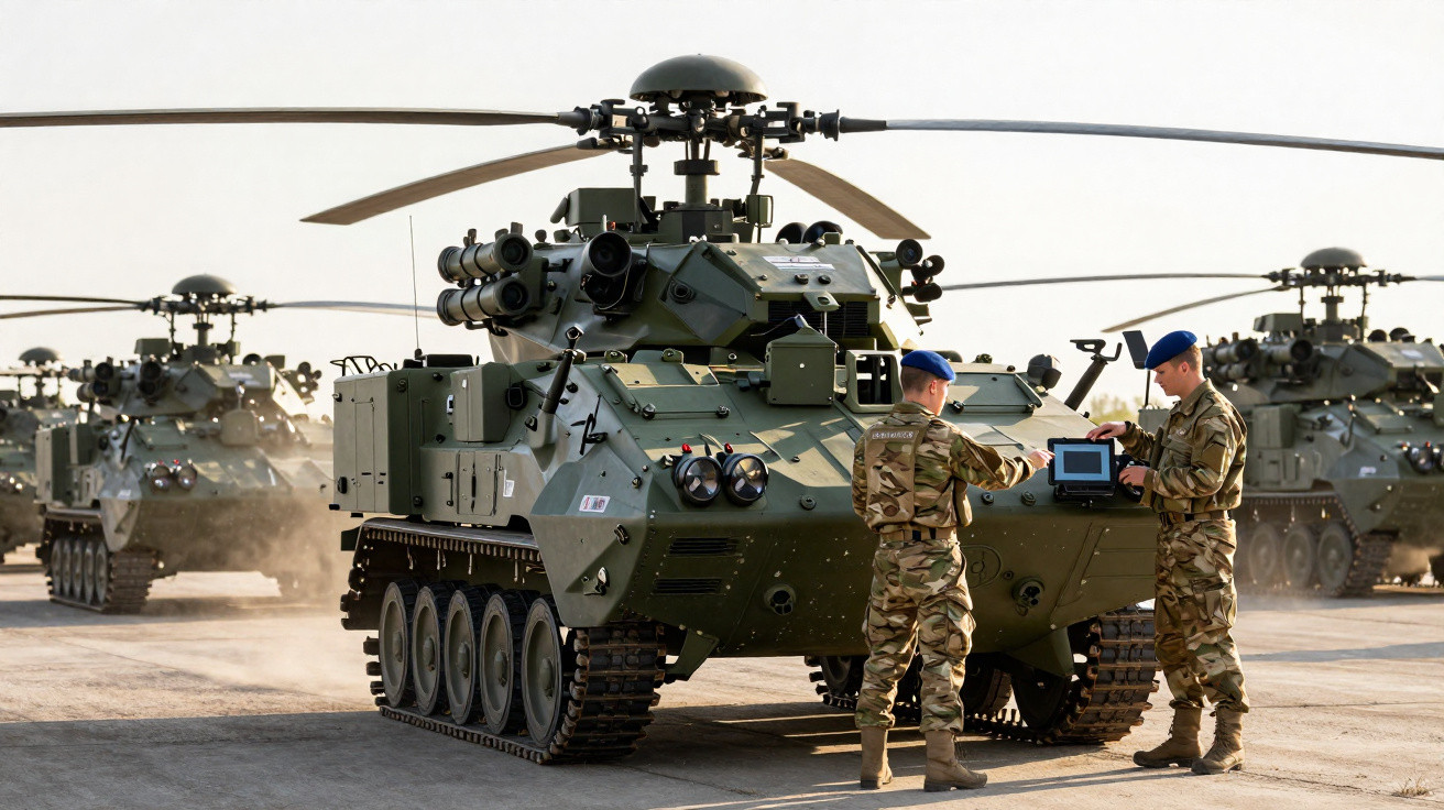 Dois militares em uniforme junto a veículo blindado e helicópteros numa pista de aterragem militar.