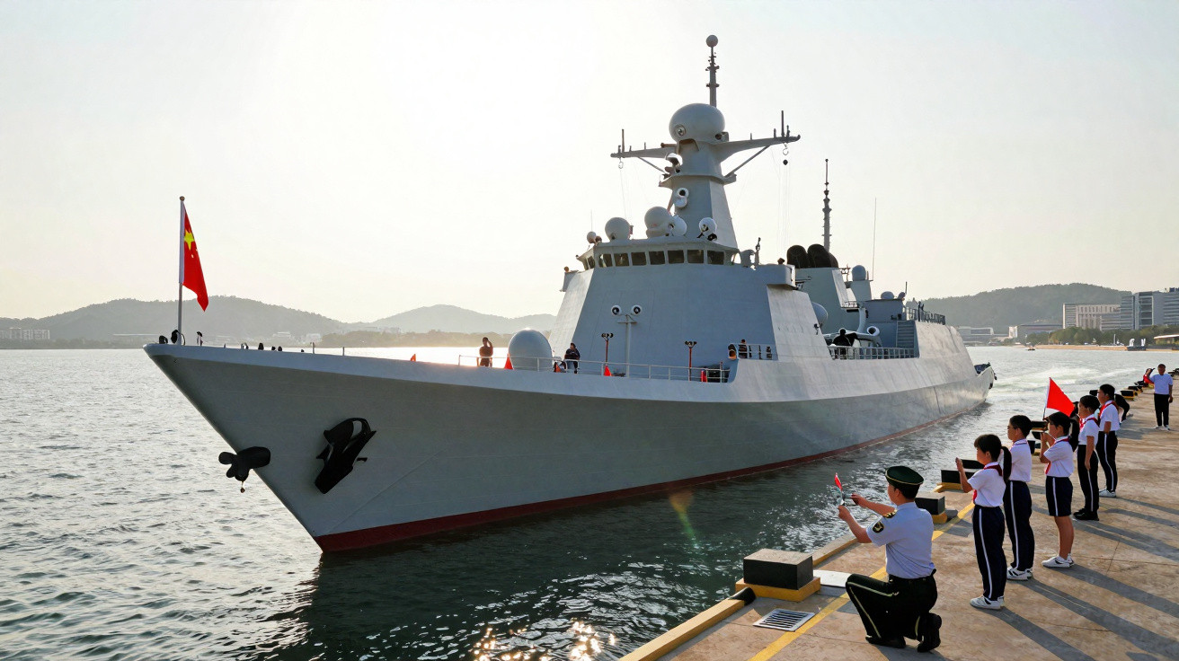 Navio de guerra chinês atracado com pessoas na doca a acenar pequenas bandeiras vermelhas.