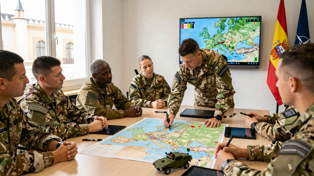 Grupo de militares em uniformes reunidos em sala a analisar mapas estratégicos numa mesa e num ecrã.