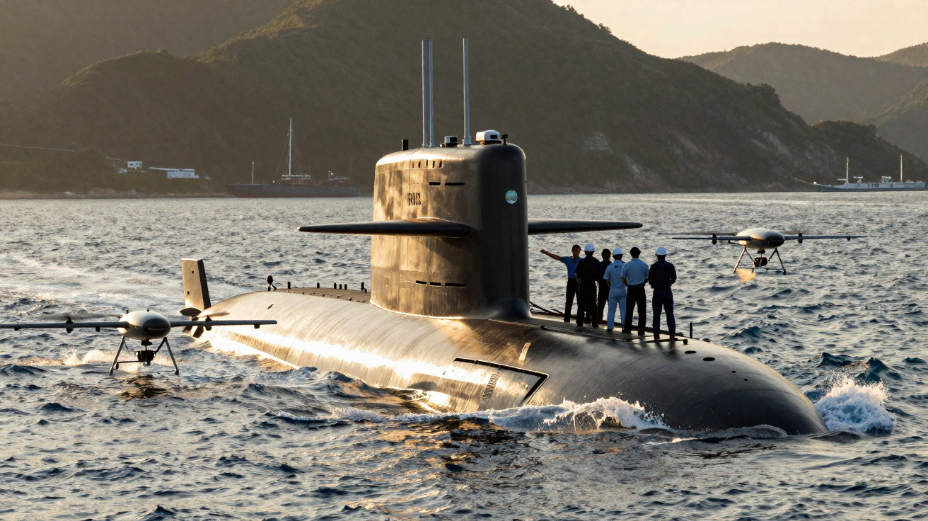 Submarino negro em mar calmo com quatro militares a bordo e dois drones a sobrevoar, com costa montanhosa ao fundo.
