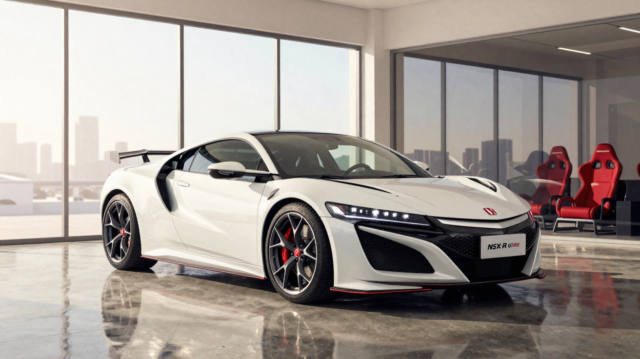 Carro desportivo branco Honda NSX Type S com detalhes vermelhos num salão com chão polido e janelas grandes.