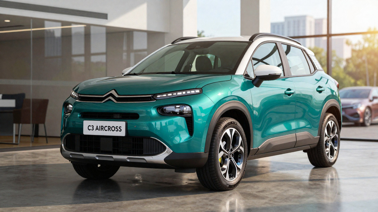 Carro Citroën C3 Aircross azul-turquesa, visto de frente e lado, em showroom com janelas grandes.