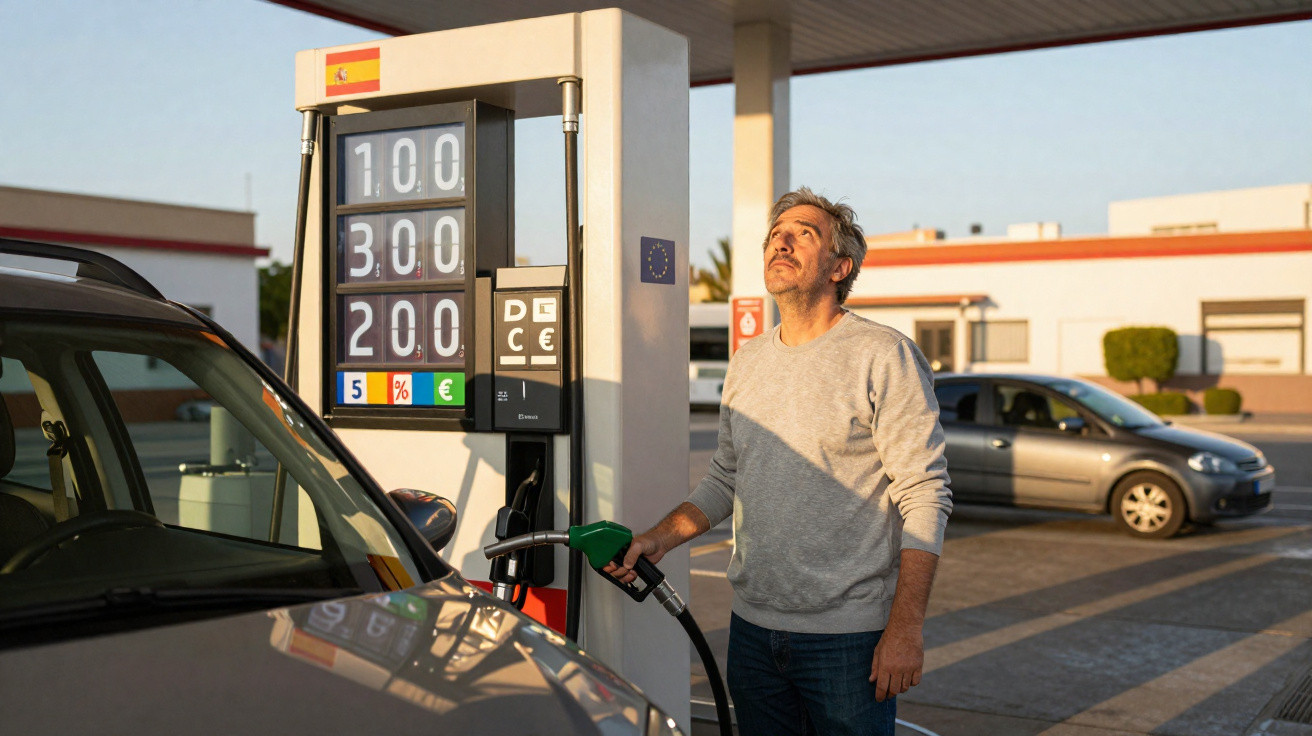 Homem a abastecer carro com gasolina em posto de combustível ao entardecer, olhando para o preço do combustível.