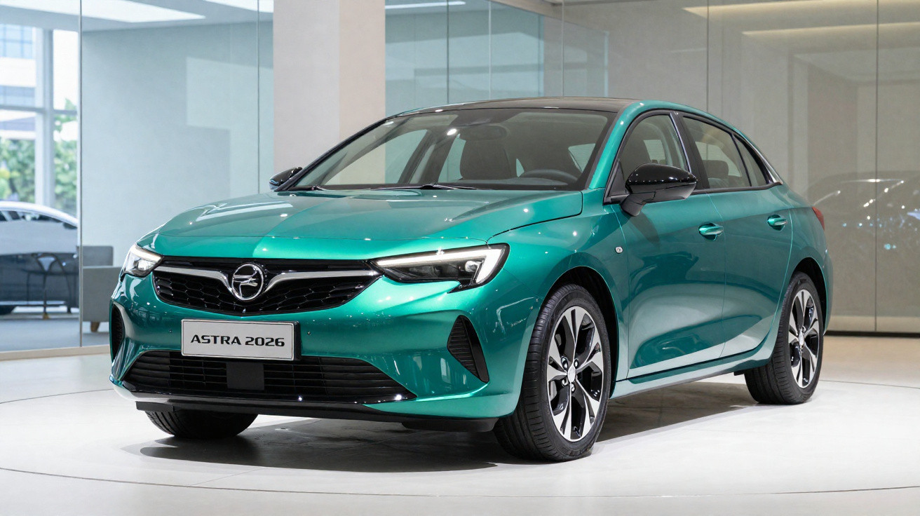 Carro Opel Astra 2026 de cor verde numa exposição interior com luz natural.