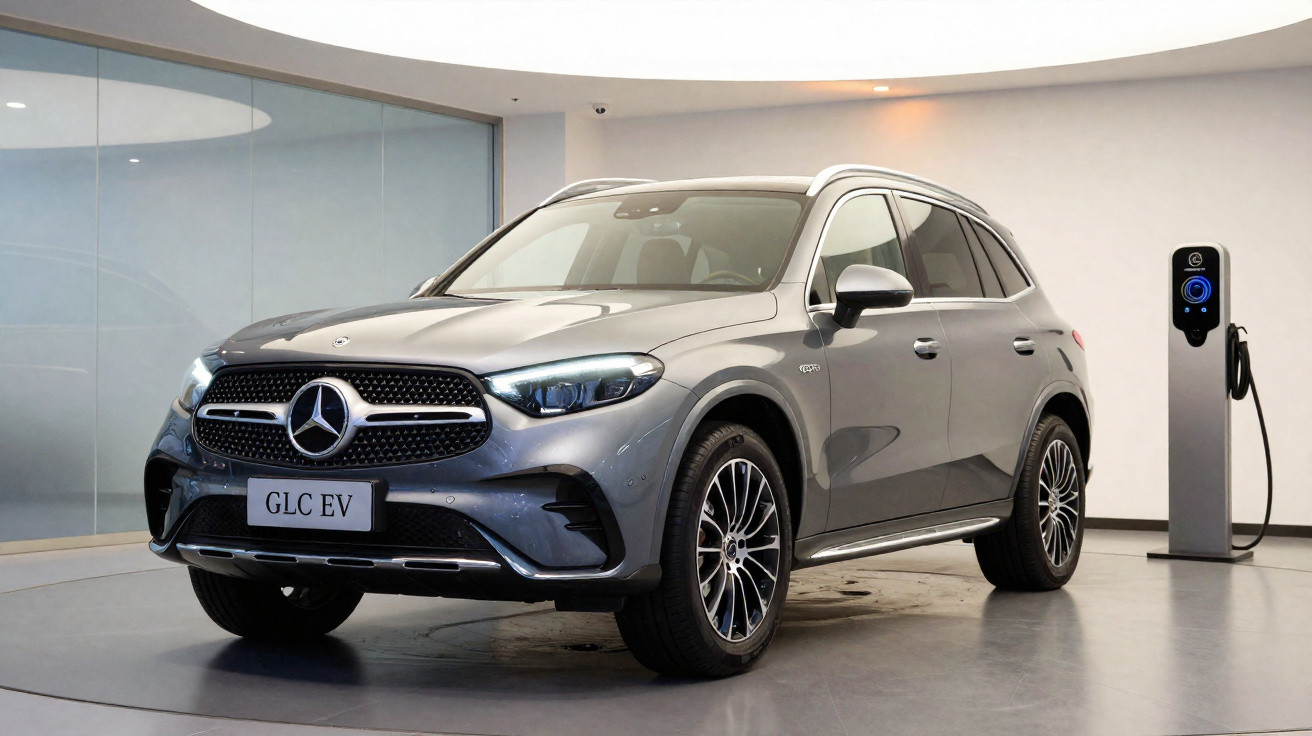 Carro elétrico Mercedes-Benz GLC EV cinza estacionado junto a estação de carregamento numa garagem moderna.