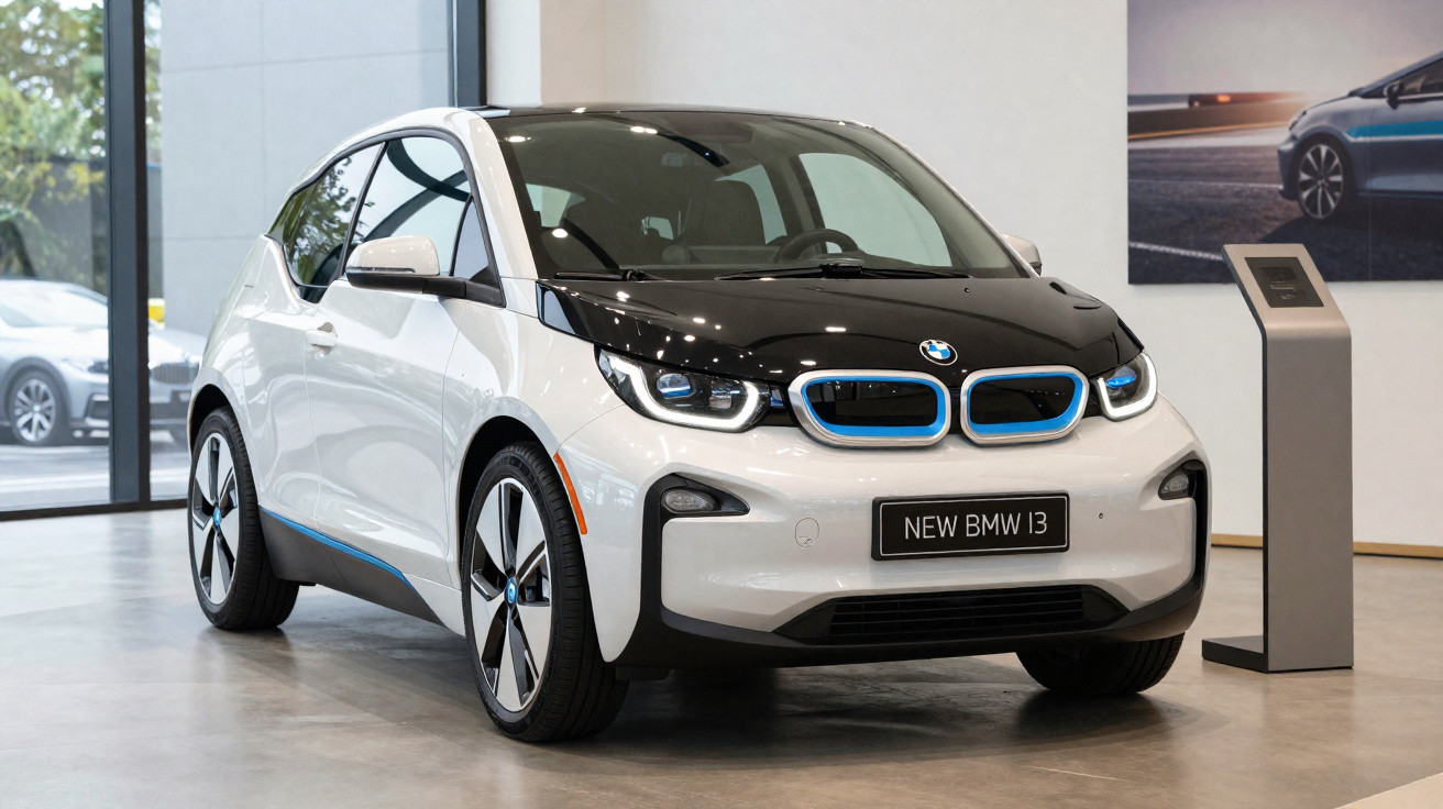 Carro elétrico BMW i3 branco e preto exibido em showroom moderno e bem iluminado.