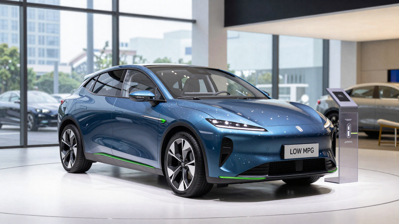 Carro elétrico azul moderno em exposição numa sala iluminada com janelas grandes e estação de carregamento.
