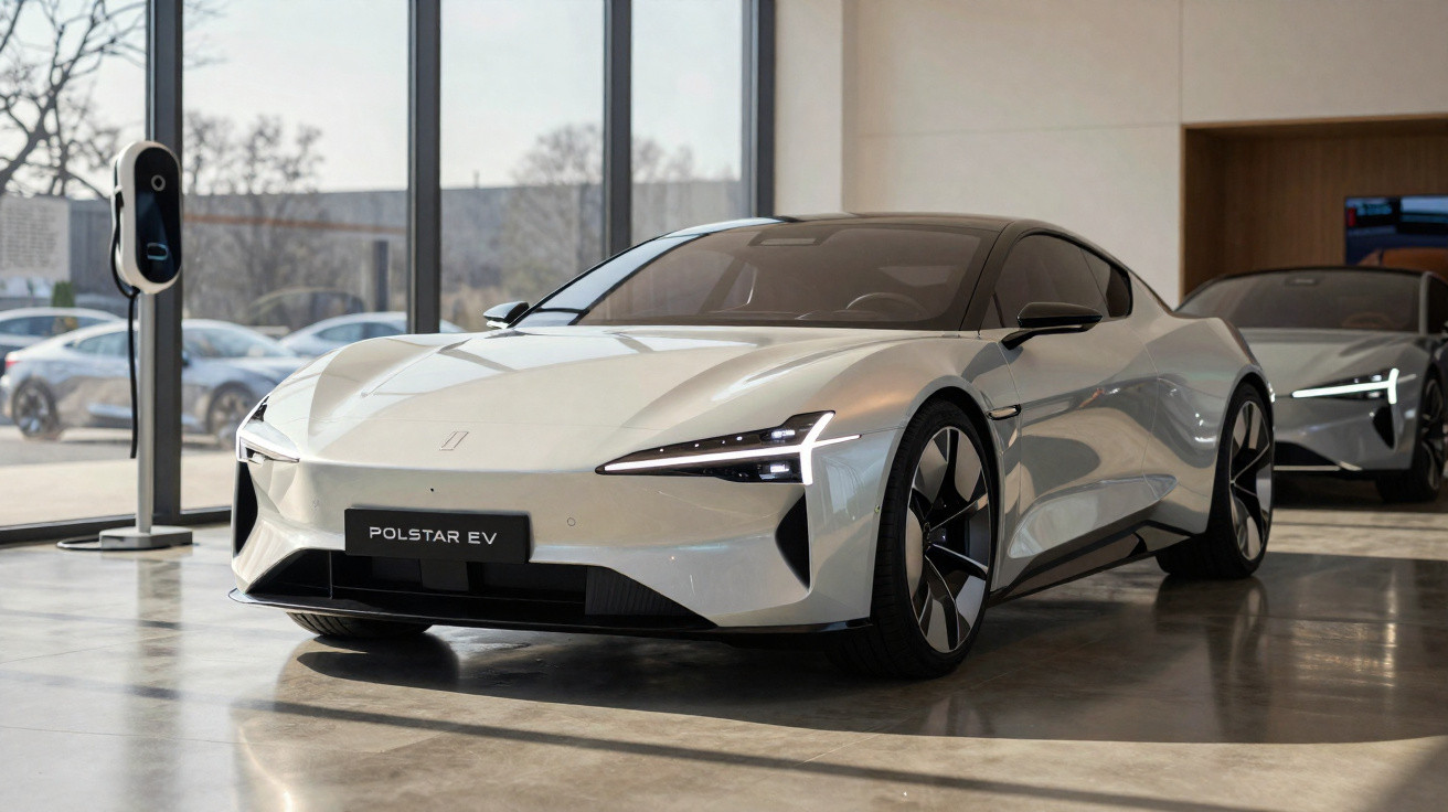 Carro elétrico desportivo Polestar EV prata estacionado em garagem moderna junto a posto de carregamento.