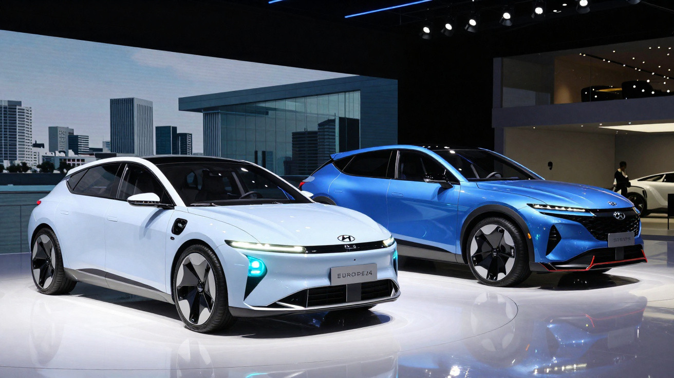 Dois carros eléctricos Hyundai expostos em stand moderno, um branco desportivo e outro azul SUV.