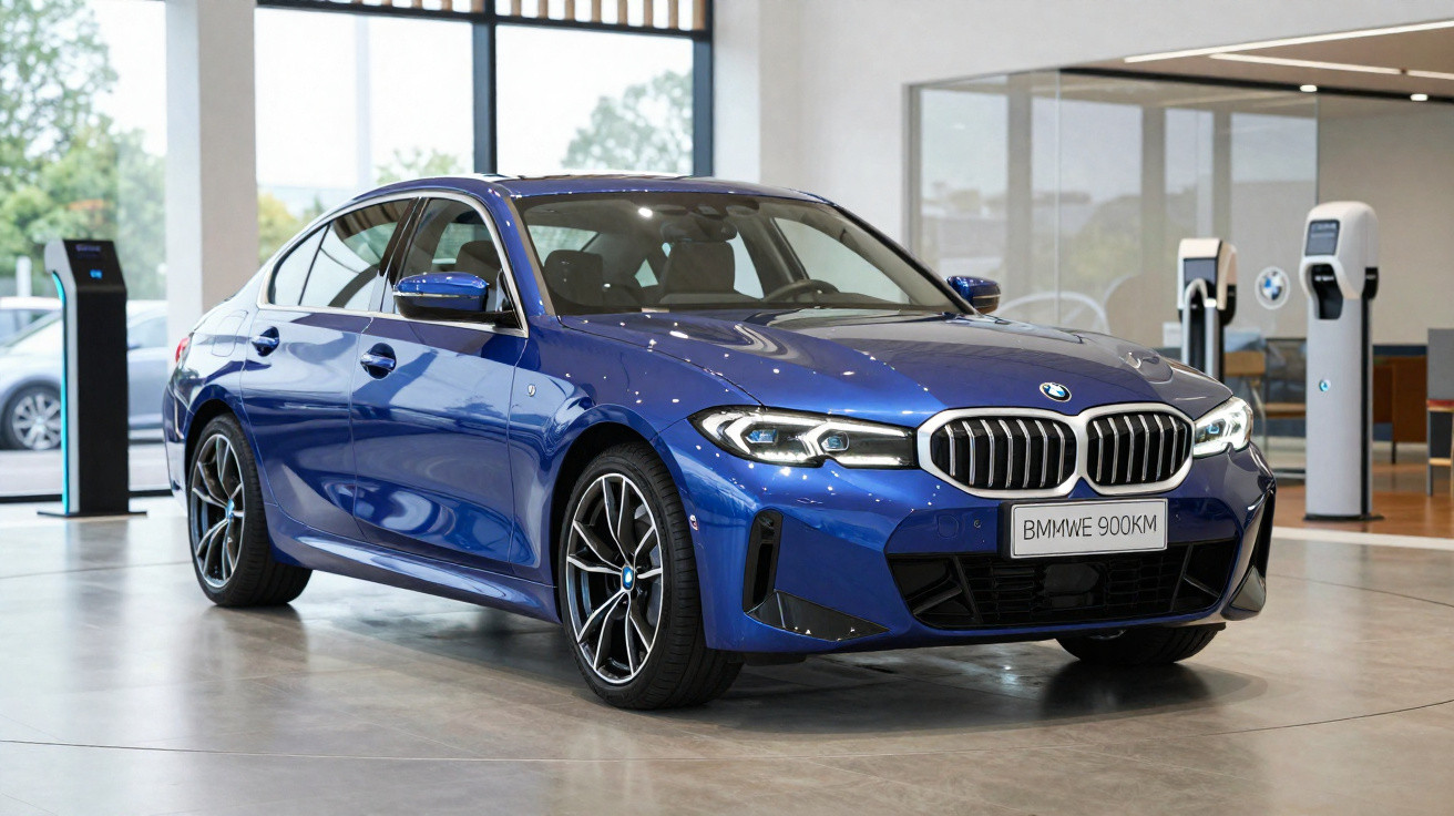 Carro BMW azul estacionado dentro de salão moderno com carregadores elétricos ao fundo.