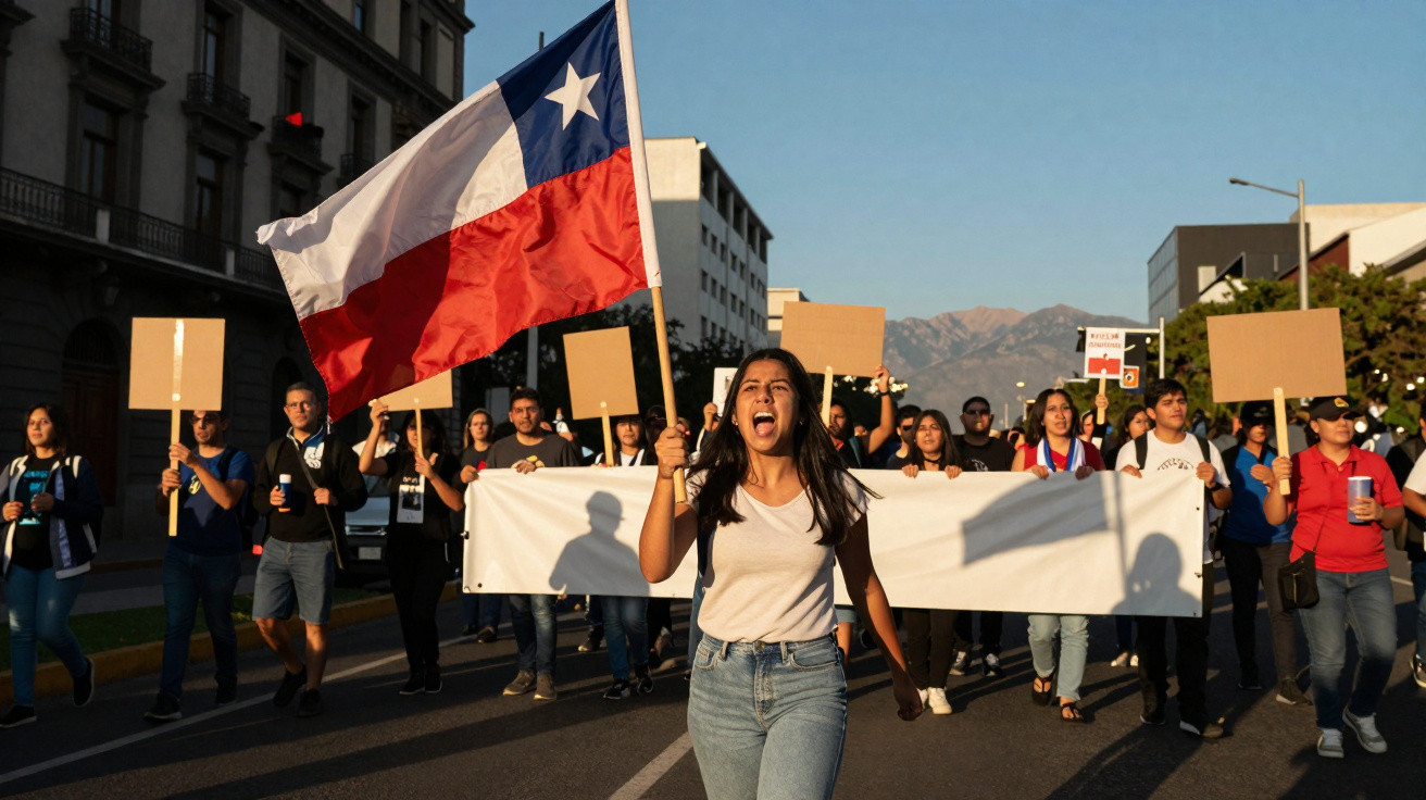 Manifestantes a marchar numa rua, uma mulher na frente a segurar uma bandeira do Chile e gritar.