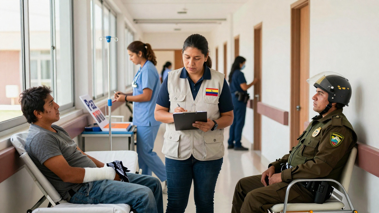 Corredor de hospital com pacientes, profissional de saúde a preencher ficha e polícia sentado à espera.
