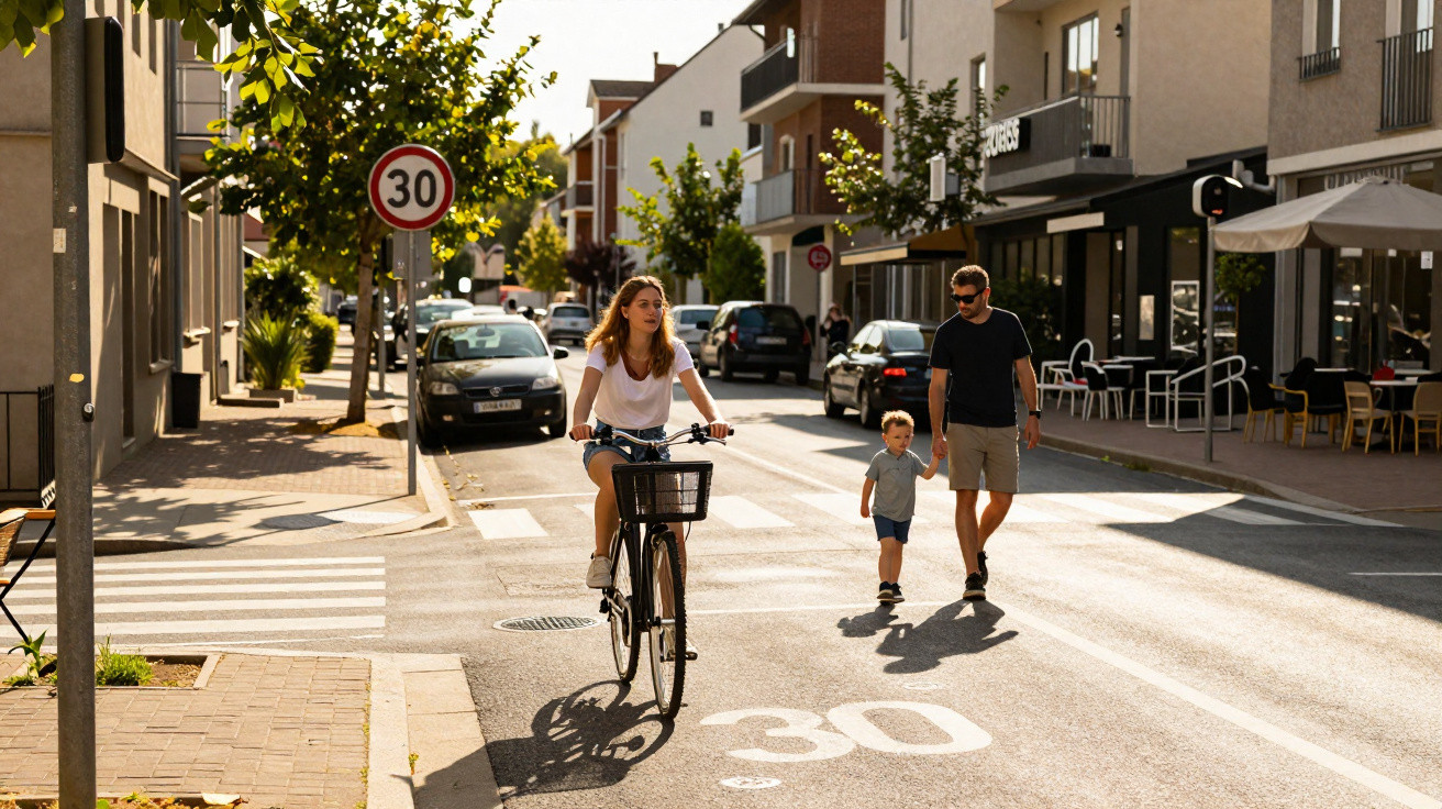 Mulher de bicicleta, homem e criança atravessam passadeira numa rua residencial com limite de velocidade 30 km/h.