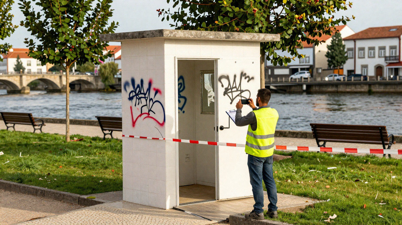 Homem com colete amarelo tira foto a cabine vandalizada com janela partida junto a rio e parque.