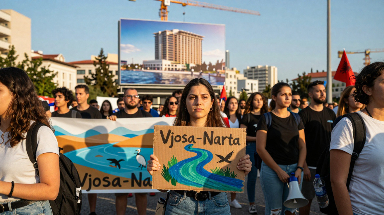 Manifestantes em protesto ambiental com cartazes, junto a um grande outdoor de hotel à beira-mar.