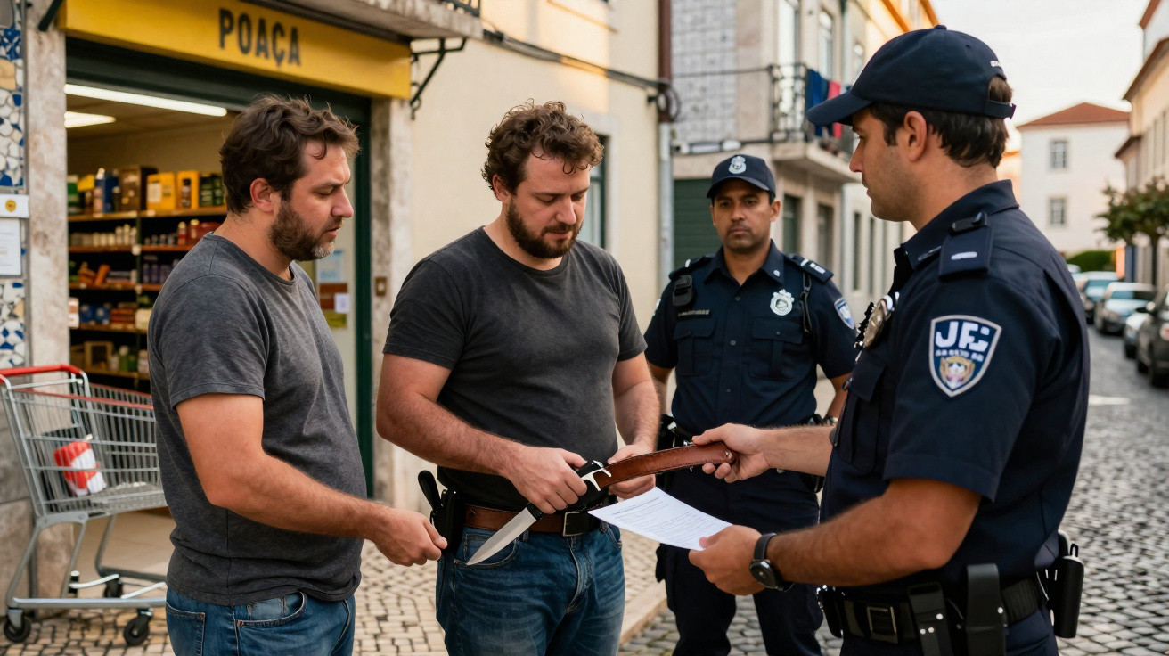 Homem em roupa casual conversa com dois policiais numa rua de calçada portuguesa com loja ao fundo.