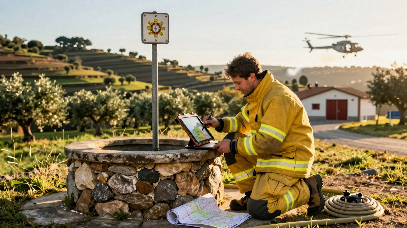 Bombeiro em fato amarelo anota em tablet junto a poço, com mapas no chão e helicóptero ao fundo numa zona rural.