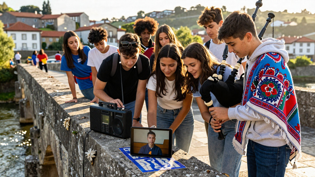 Jovens numa ponte interagindo com rádio, computador portátil e um gaiteiro ao fundo numa paisagem rural.