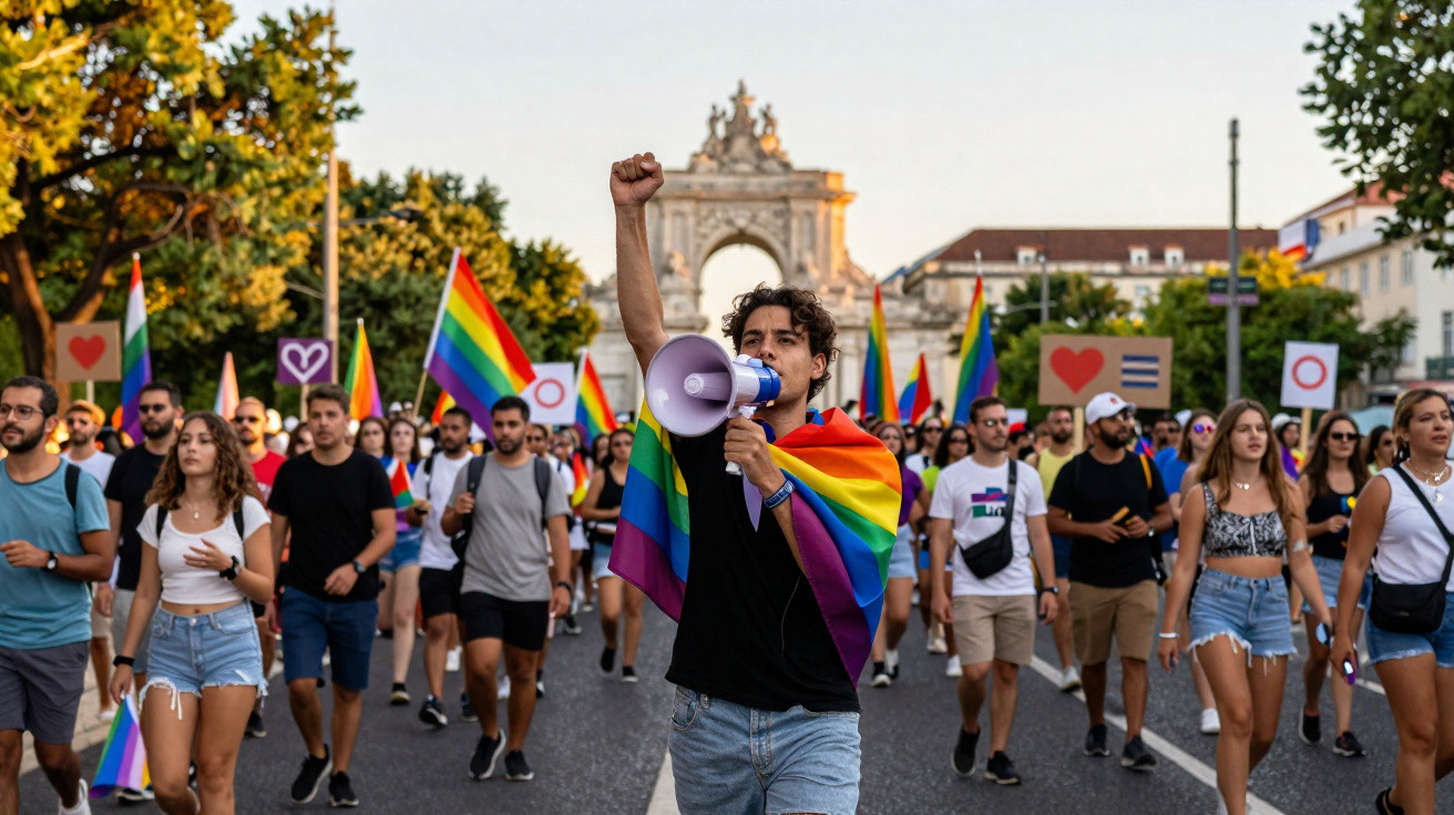 Manifestação LGBTQ+ na rua com pessoa com megafone e bandeira arco-íris, e grupo com cartazes e bandeiras ao fundo.